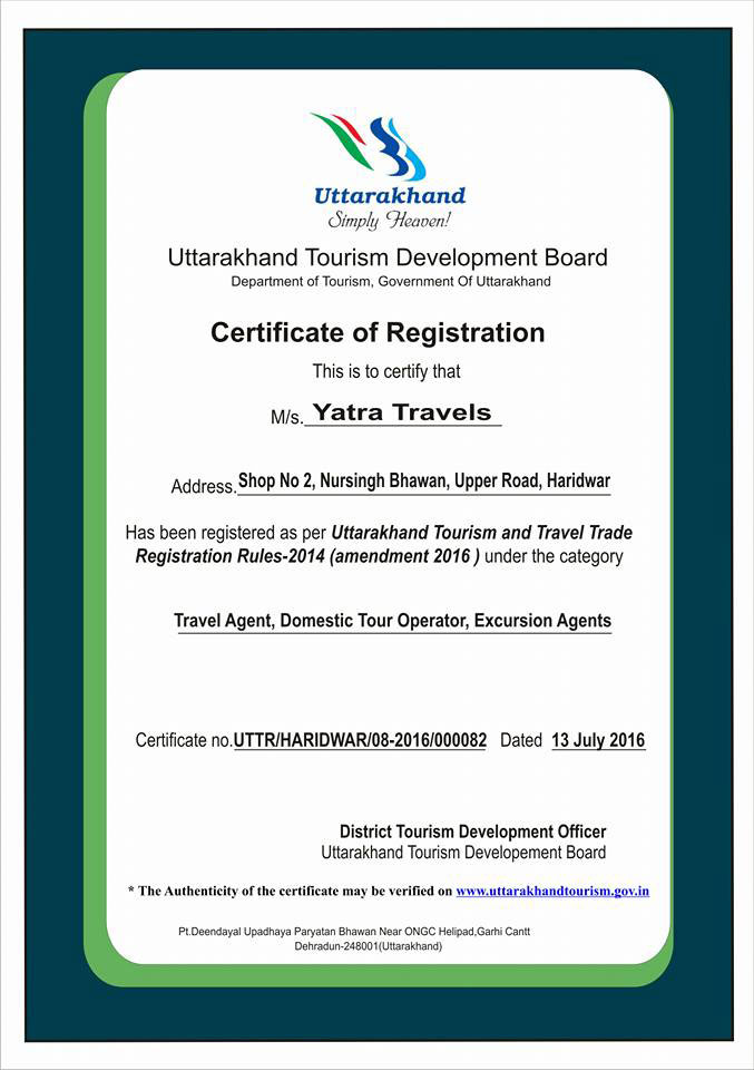 certificate of uttrakhand tourism registration